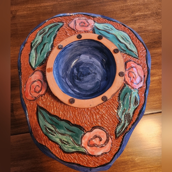 Handcrafted Ceramic Art Platter with Orange and Blue Design - Picture 4 of 12